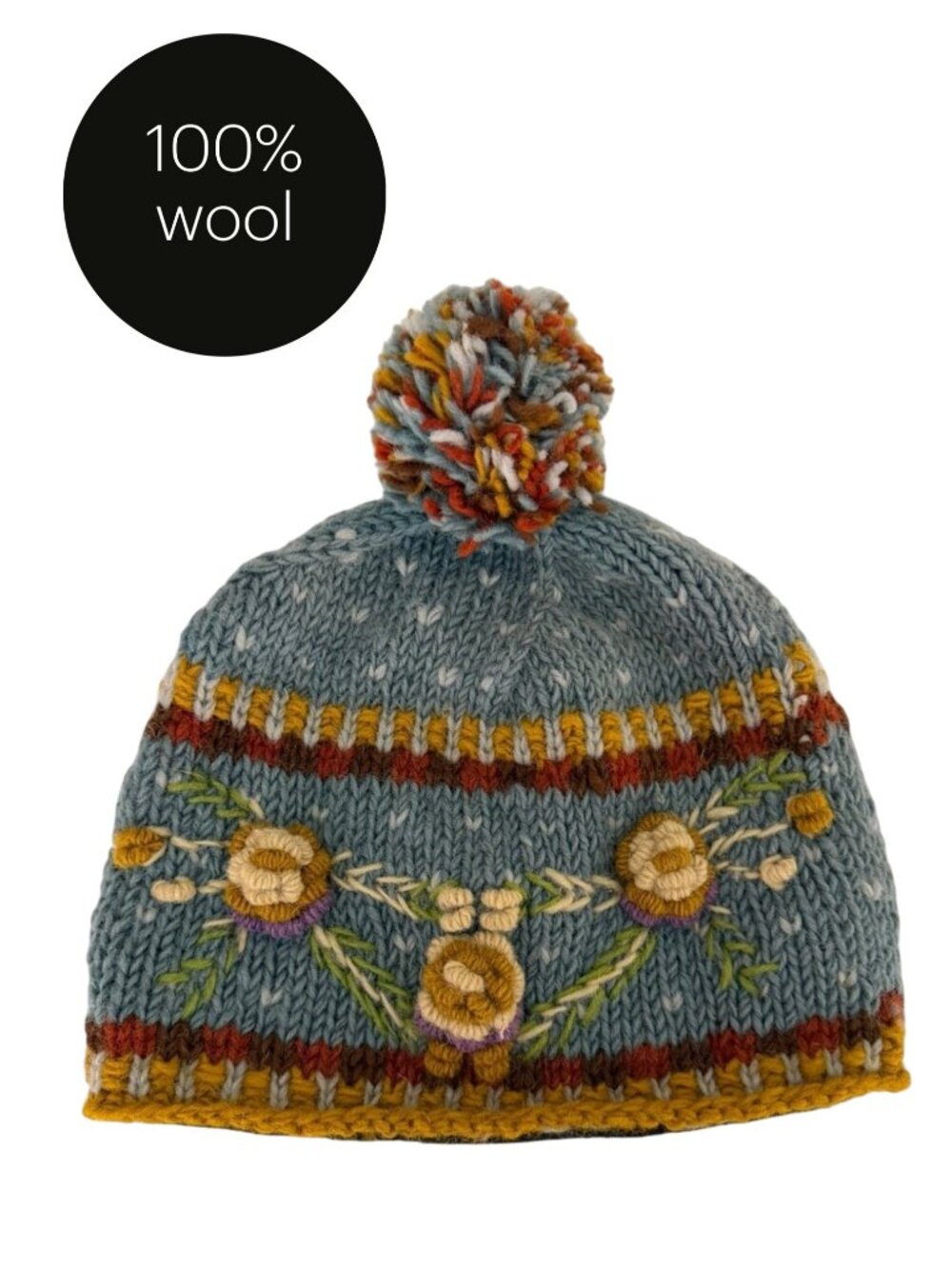 UNBRANDED Blue Wool Floral Embroidered Pom Pom Beanie Made Nepal One Size
